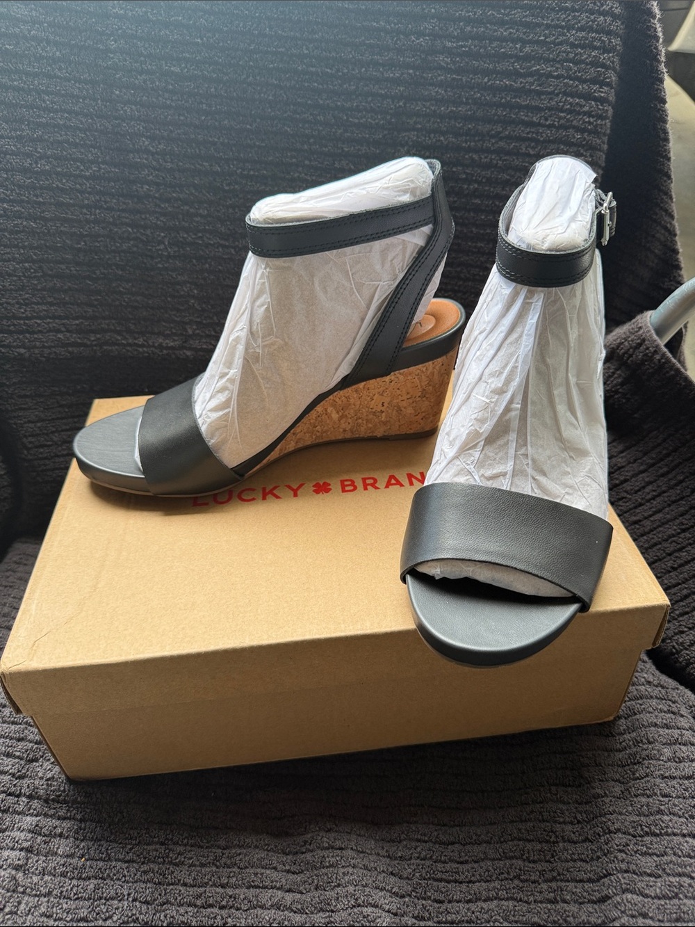 Lucky Brand Black Leather Cork Wedge Sandals